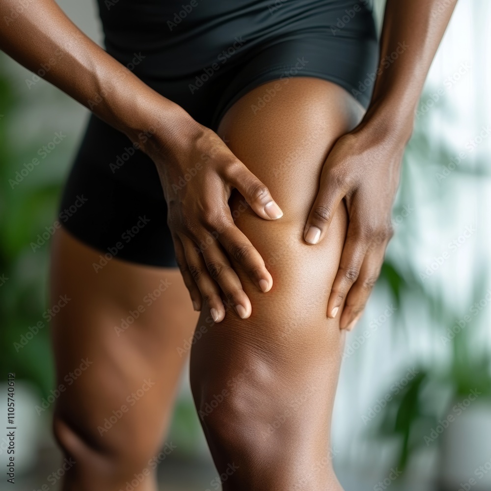 Close-up of a person holding their knee in pain with blurred green background Close-up of a person holding their knee in pain with blurred green background