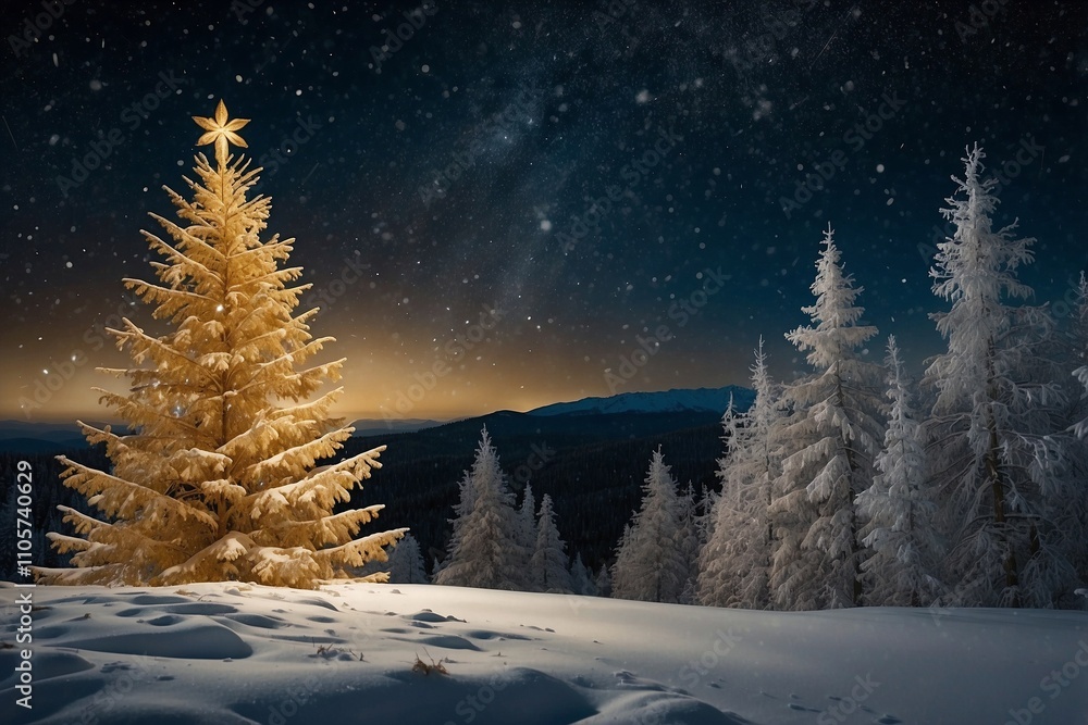 Fototapeta premium Magic of a Winter Night, Golden Tree and Falling Snowflakes in the Woods