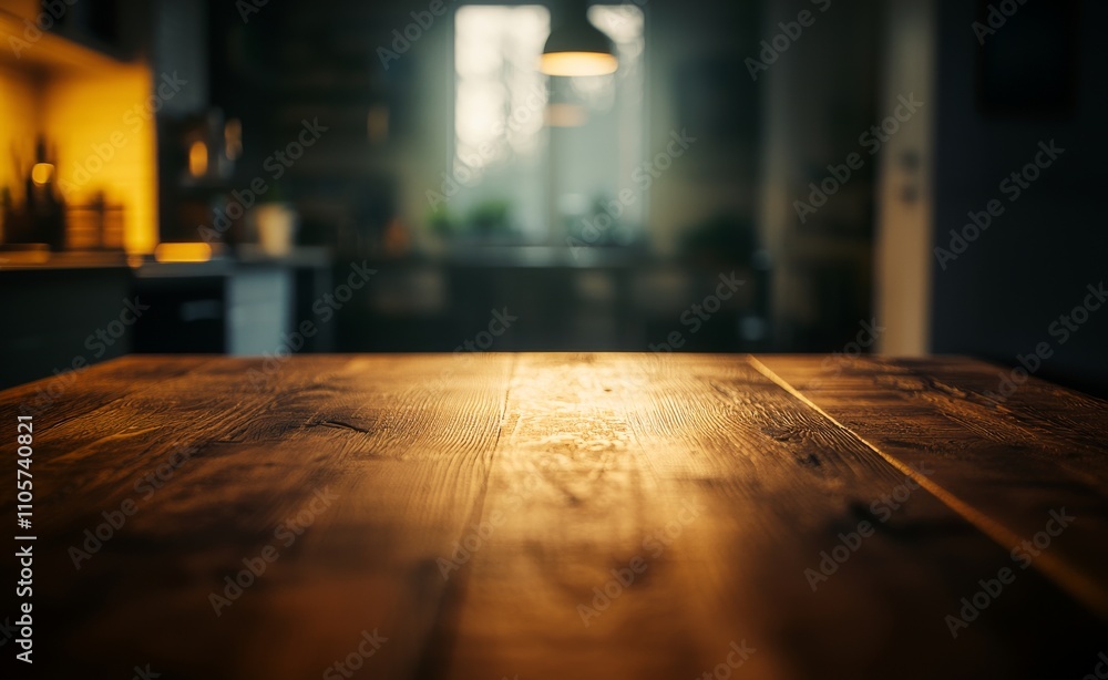 In the evening, a rustic wooden table is bathed in the warm light of a cozy kitchen, setting the perfect atmosphere for cooking and gathering. In the evening, a rustic wooden table is bathed in the warm light of a cozy kitchen, setting the perfect atmosphere for cooking and gathering.