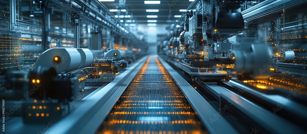 A futuristic industrial setting with robotic arms and conveyor belts in a high-tech environment. A futuristic industrial setting with robotic arms and conveyor belts in a high-tech environment.