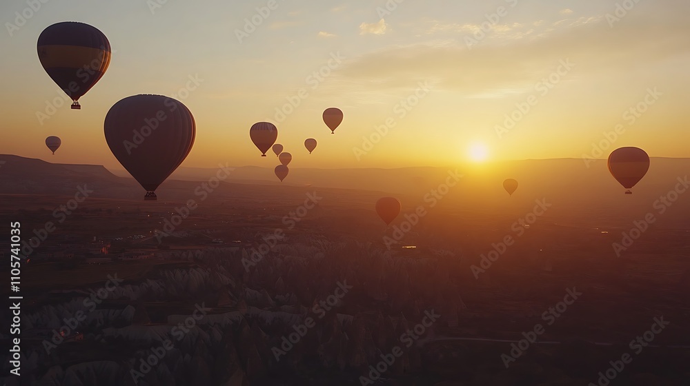 Hot Air Balloons Soaring Above Cappadocia At Sunrise Hot Air Balloons Soaring Above Cappadocia At Sunrise