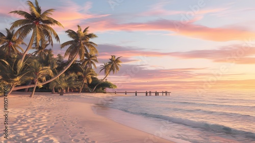 Tropical beach at sunset with palm trees and wooden pier