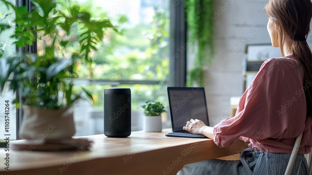 Woman is sitting at a desk with a laptop and a small speaker Woman is sitting at a desk with a laptop and a small speaker
