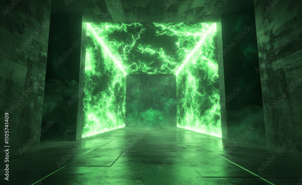 In the darkness of an empty space, a brilliant green explosion is revealed by electric sparks. In the darkness of an empty space, a brilliant green explosion is revealed by electric sparks.