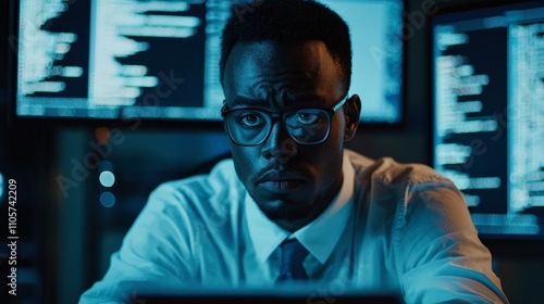 Man wearing glasses is staring at a computer screen