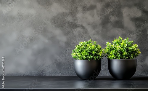 The workspace includes a black desk, a potted plant, an unoccupied ergonomic chair, and ample natural light.