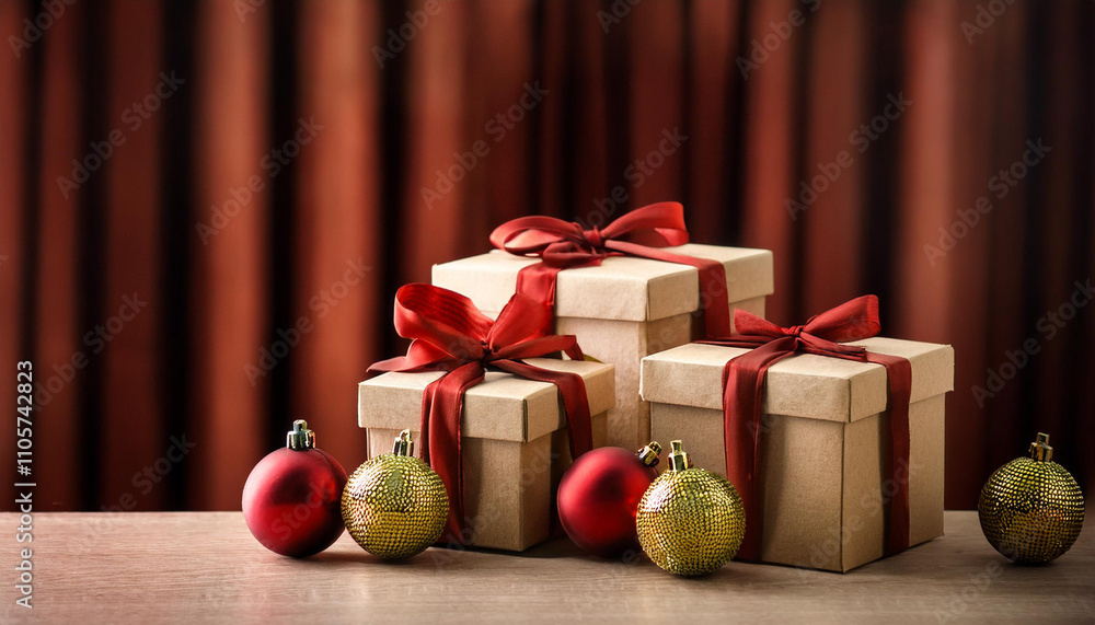 Christmas gift boxes next to red baubles on table with curtains Christmas gift boxes next to red baubles on table with curtains
