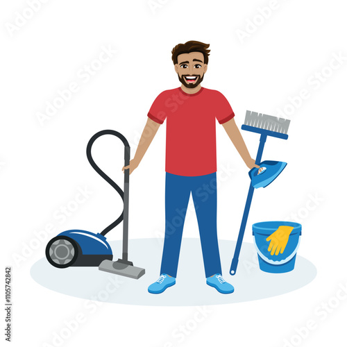 Smiling man with vacuum cleaner and cleaning tools vector illustration. Happy handsome man cleaning home icon set. Cheerful guy doing housework cartoon style. Man with vacuum cleaner, iron and broom