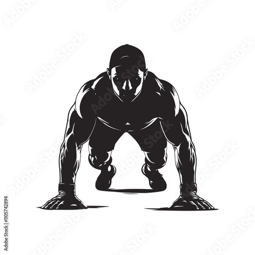 Vector silhouette of man training push up isolated on white background