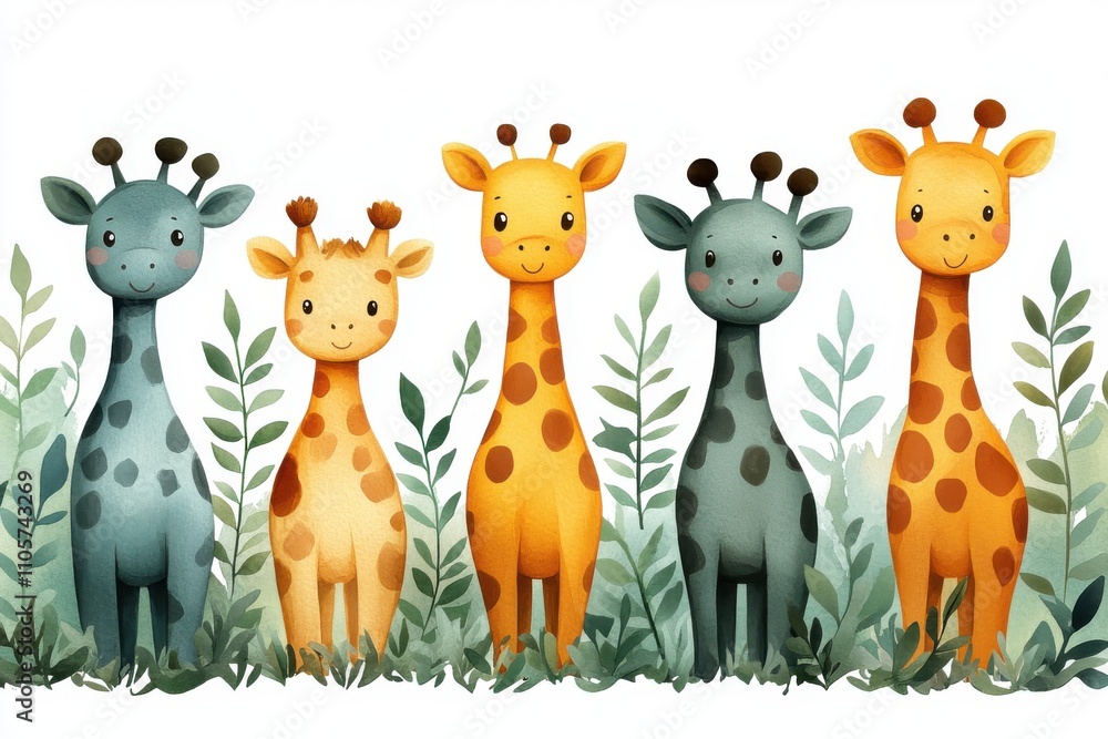 Fototapeta premium A colorful illustration of five cheerful giraffes among green foliage.