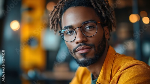 Stylish young man with glasses and curly hair posing confidently in a cozy cafe, showcasing modern fashion trends and a thoughtful expression in a warm atmosphere