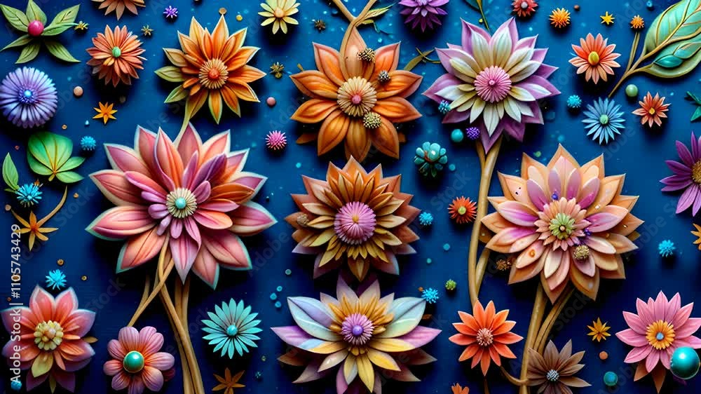 A colorful painting of flowers with a blue background A colorful painting of flowers with a blue background