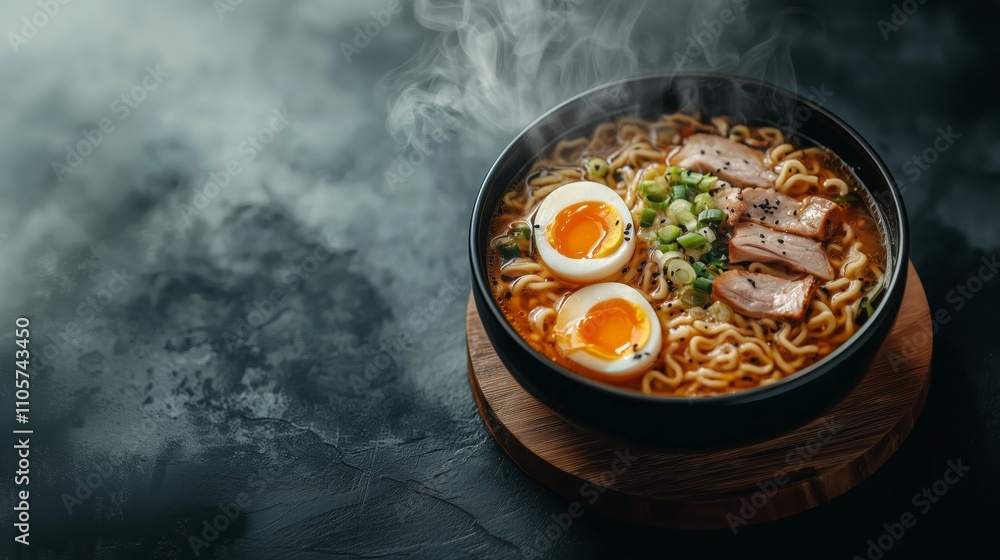 Ramen Bowl with Pork and Soft-Boiled Eggs on Charcoal Background Ramen Bowl with Pork and Soft-Boiled Eggs on Charcoal Background