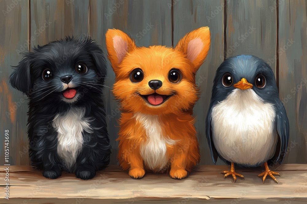 Obraz premium A cute black puppy, an orange corgi, and a small bluebird smiling together on a wooden shelf.