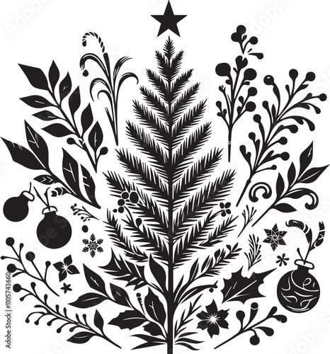 Christmas plants and floral patterns, vector silhouette