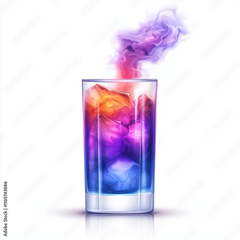 A colorful drink with ice floating, surrounded by vibrant swirling smoke on a white isolated background. A colorful drink with ice floating, surrounded by vibrant swirling smoke on a white isolated background.