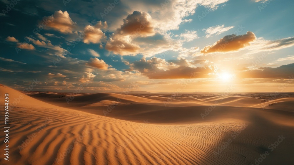 Serene Desert Landscape at Sunset with Dramatic Clouds and Swaying Dunes Illuminated by Golden Sunlight in a Peaceful Oasis Setting Serene Desert Landscape at Sunset with Dramatic Clouds and Swaying Dunes Illuminated by Golden Sunlight in a Peaceful Oasis Setting