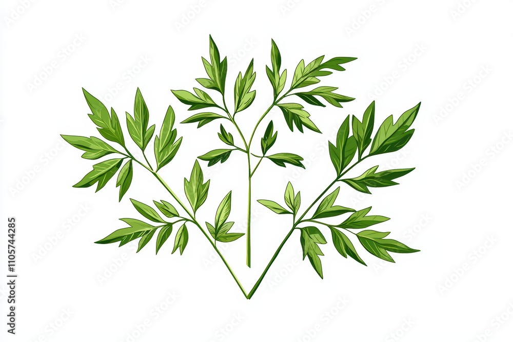 Naklejka premium A fresh green herb branch with vibrant leaves on a white isolated background.