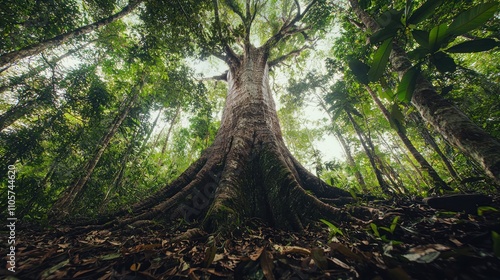 A majestic, towering tree in a lush forest, showcasing its impressive trunk and sprawling branches.