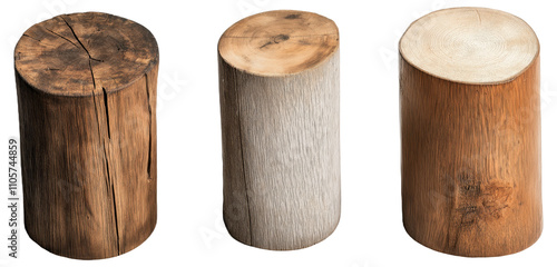 Three tree stumps with different textures and colors