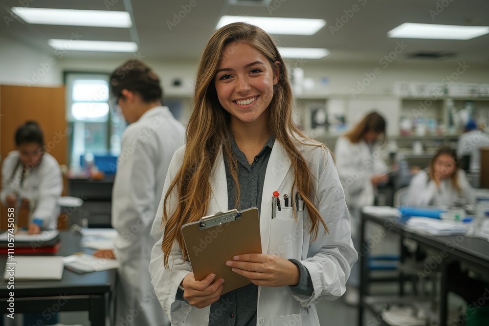 Young caucasian female scientist smiling in a busy laboratory setting. Young caucasian female scientist smiling in a busy laboratory setting.