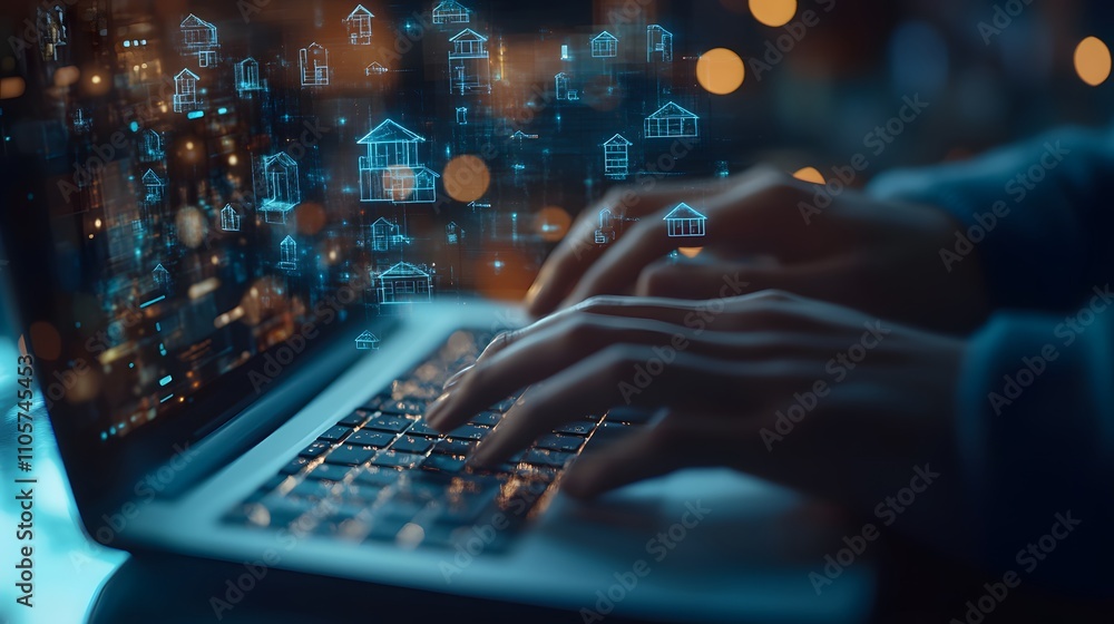 A digital collage of icons representing real estate marketing, such as houses and laptops, with hands typing on a keyboard in the foreground A digital collage of icons representing real estate marketing, such as houses and laptops, with hands typing on a keyboard in the foreground