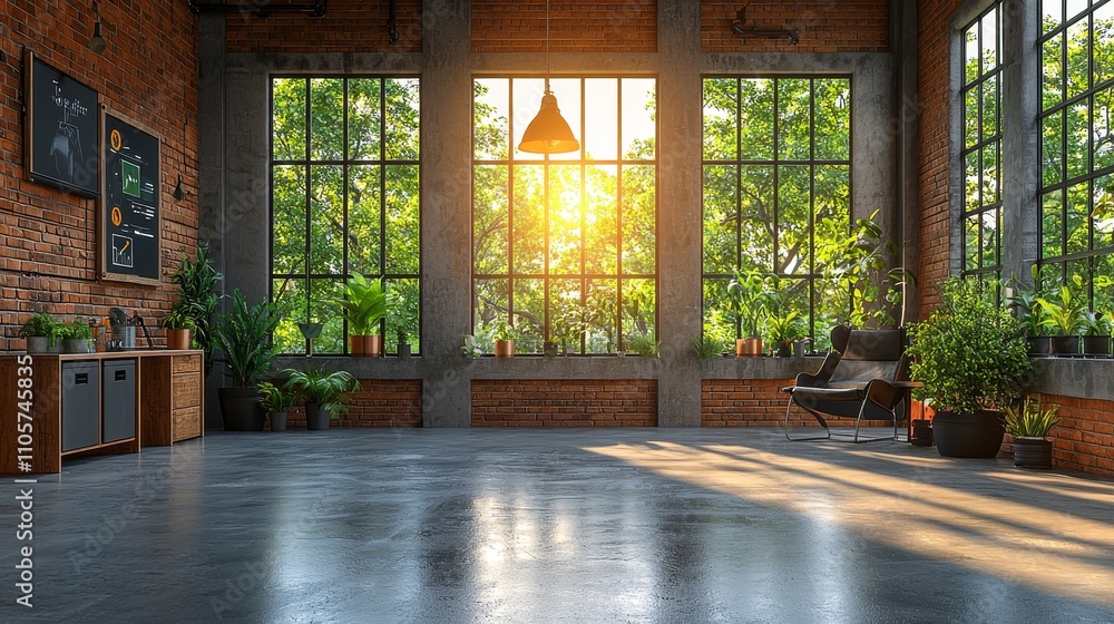 Cozy Sunlit Industrial Room with Plants and Large Windows Cozy Sunlit Industrial Room with Plants and Large Windows