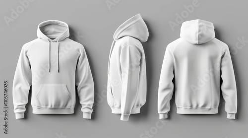 A three-dimensional depiction of a men's hooded sweatshirt with a zipper, set against a grey background, prepared for printing or branding purposes.