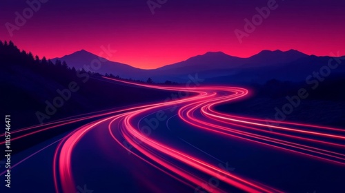 Speed lights of car on highway, long exposure night trail over red lane with mountain backdrop. Dynamic flashlight vector.