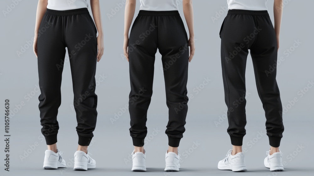 A three-dimensional mockup of traditional black loungewear jeans for men, displayed from multiple perspectives.