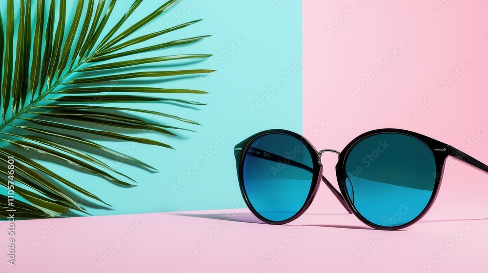 Stylish Sunglasses Against Tropical Palm Leaves on Pastel Background Stylish Sunglasses Against Tropical Palm Leaves on Pastel Background