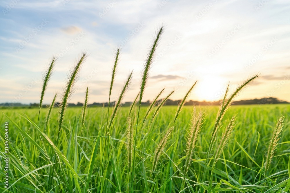 Lush Green Grass Under Soft Sunset Sky with Gentle Breeze Lush Green Grass Under Soft Sunset Sky with Gentle Breeze