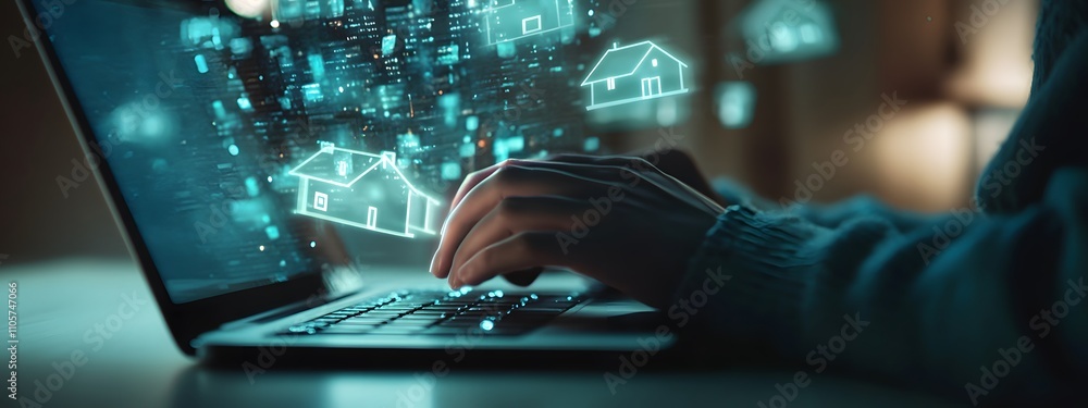 A digital collage of icons representing real estate marketing, such as houses and laptops, with hands typing on a keyboard in the foreground A digital collage of icons representing real estate marketing, such as houses and laptops, with hands typing on a keyboard in the foreground