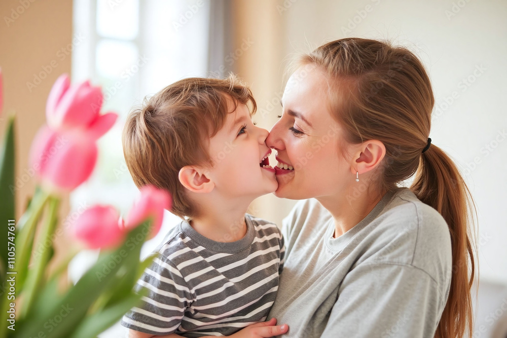 Mother kissing son with tulips in sunlit room Mother kissing son with tulips in sunlit room