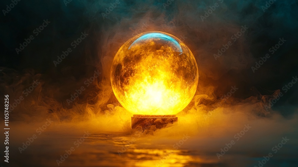 Glowing Crystal Ball Radiating Light in Mystical Dark Atmosphere Concept Glowing Crystal Ball Radiating Light in Mystical Dark Atmosphere Concept