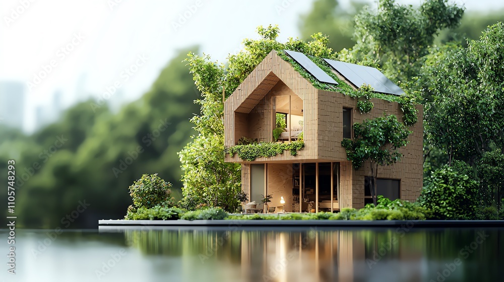 Recycled materials building a net zero home, sustainable construction, 3D illustration Recycled materials building a net zero home, sustainable construction, 3D illustration