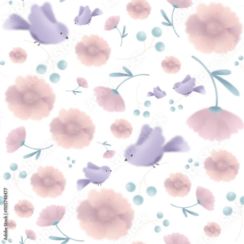 seamless pattern with watercolor flowers and birds