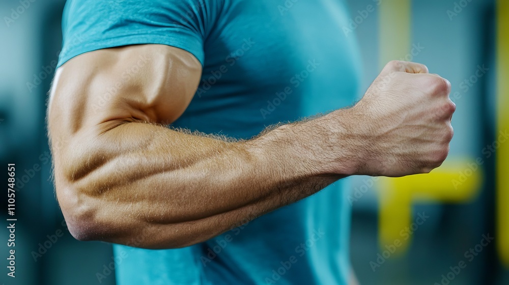 A close-up of a muscular arm showcasing defined biceps and forearms. The individual is wearing a fitted blue shirt, emphasizing strength and fitness. A close-up of a muscular arm showcasing defined biceps and forearms. The individual is wearing a fitted blue shirt, emphasizing strength and fitness.