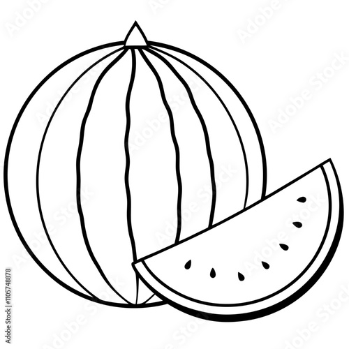 Watermelon fruit outline black and white cute drawing. The fruit is the main focus of the image. The fruit adds a touch of nature and freshness to the scene. The image is simple and clear.