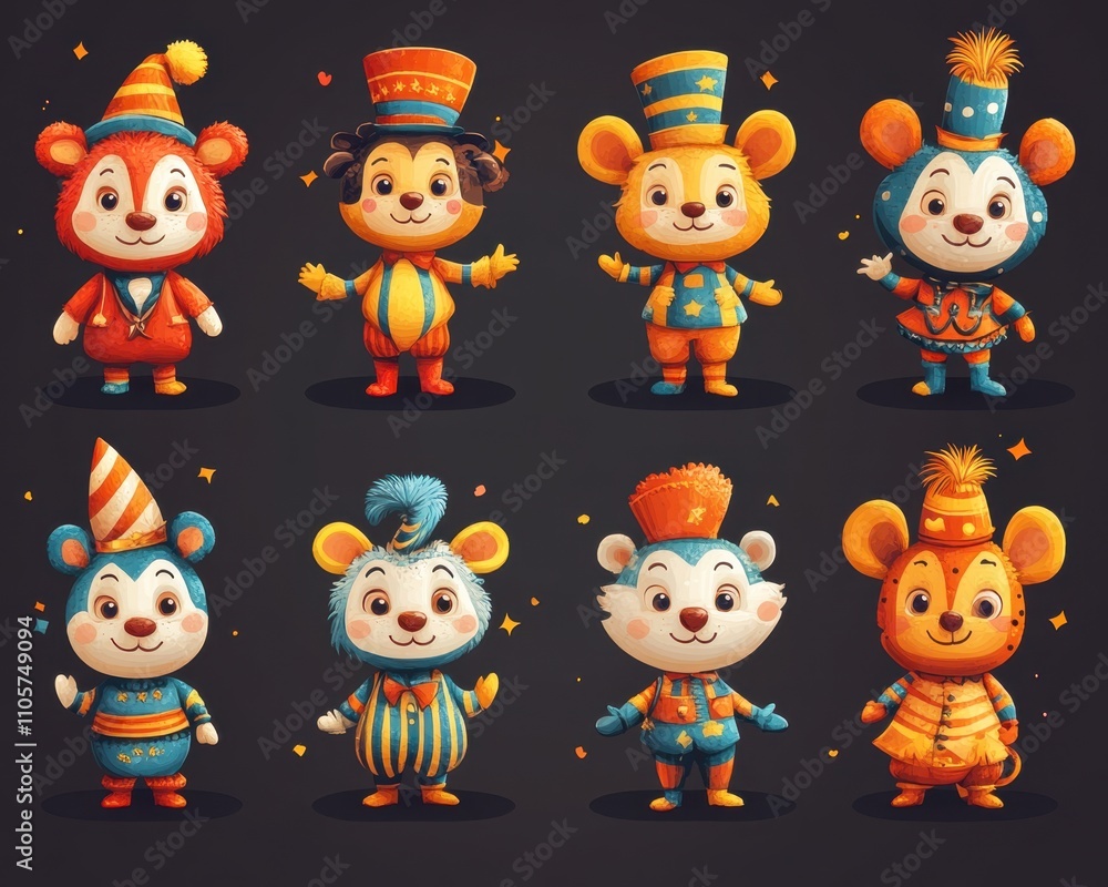 A set of various random cartoon circus characters in full detail, isolated on a transparent background The collection includes a variety of clowns, acrobats, and circus animals, each with vivid A set of various random cartoon circus characters in full detail, isolated on a transparent background The collection includes a variety of clowns, acrobats, and circus animals, each with vivid