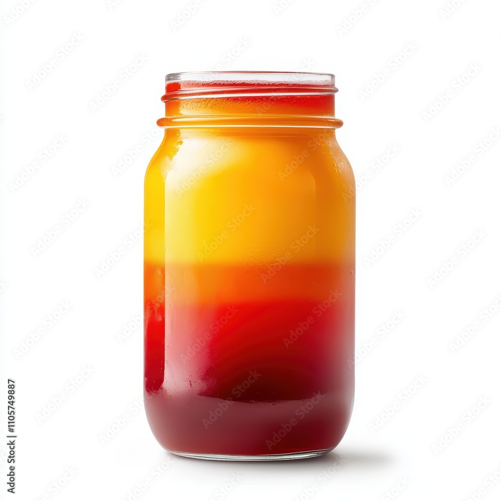 Vibrant layered beverage in a mason jar with striking red, orange, and yellow hues. Vibrant layered beverage in a mason jar with striking red, orange, and yellow hues.