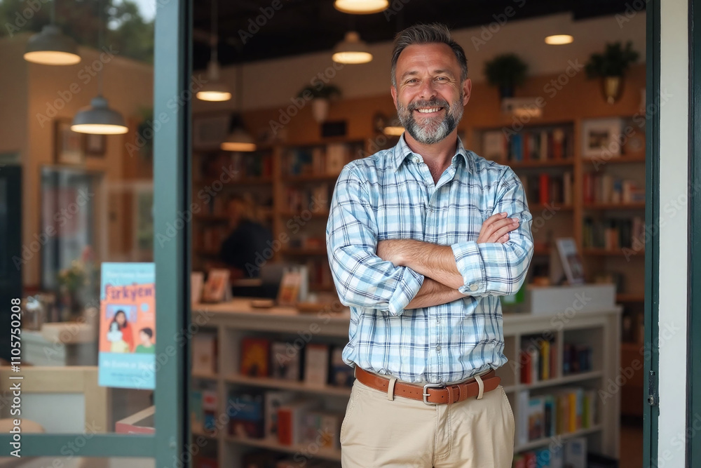 Middle-aged man in bookstore doorway with arms crossed Middle-aged man in bookstore doorway with arms crossed