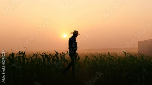 Farmer walks along a cornfield in the evening fog. In the distance is a granary. A farmer's quiet journey through the foggy cornfield. Rural life and agriculture.