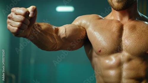 Muscular Caucasian man showcasing his bicep with a focused expression in a dimly lit gym environment, highlighting strength and determination.