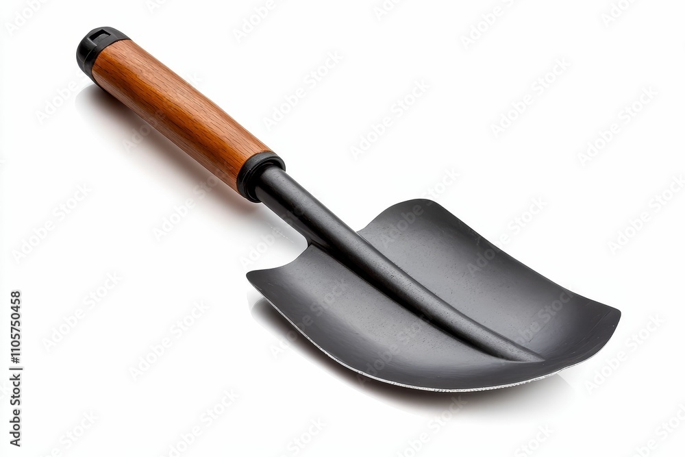 Small, dark metal shovel with wooden handle. Small, dark metal shovel with wooden handle.
