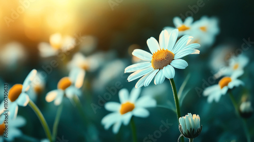 Close-up of white daisies with yellow centers in a field, illuminated by warm sunlight with a blurred background photo