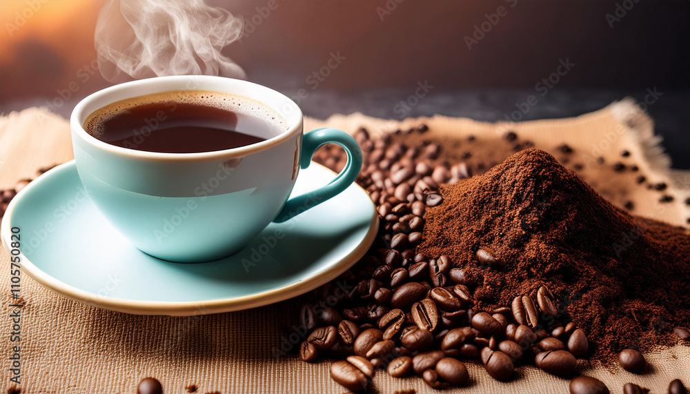 Fototapeta premium Coffee Mug and Grinded Coffee Beans Concept Photography