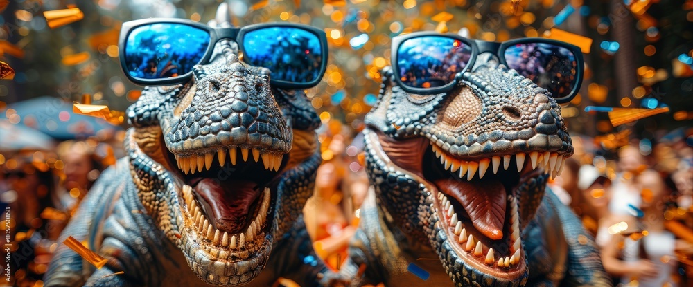 Fototapeta premium Two Cool Dinosaurs at a Festival - Sunglasses, Confetti, and Fun