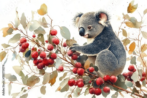 A koala perched on a branch with red berries, depicted in a watercolor style. photo