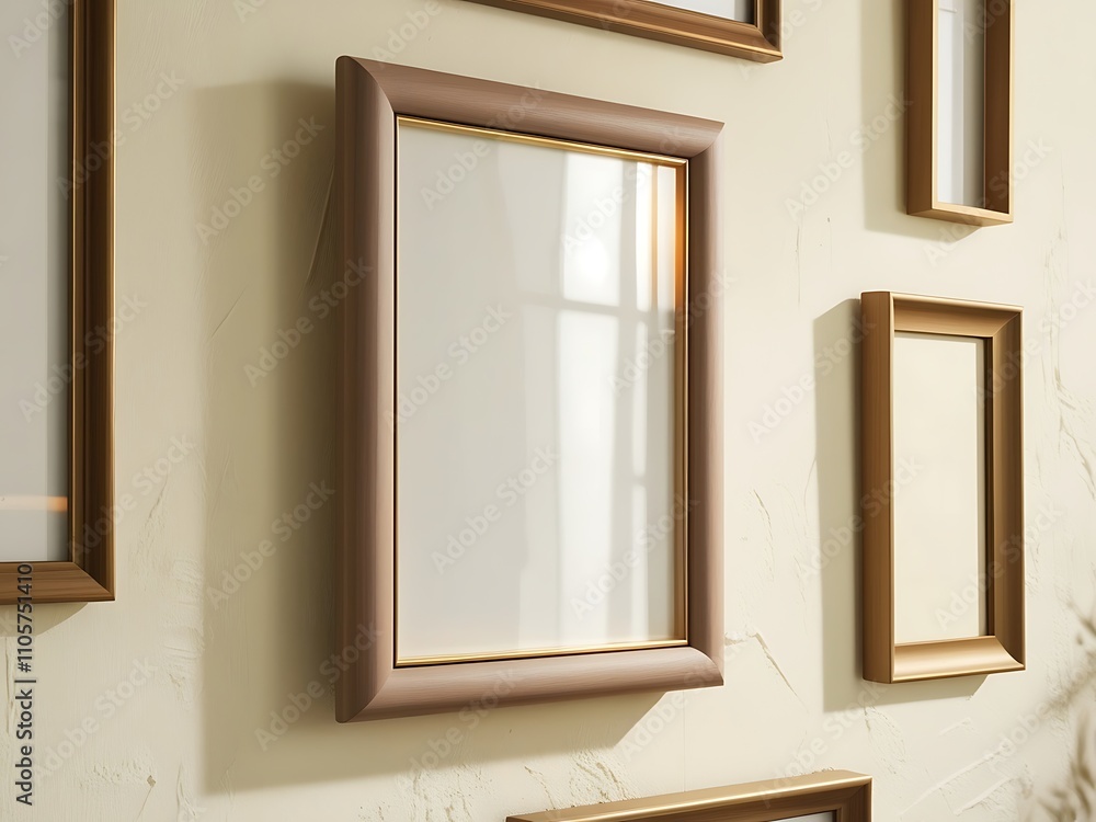 A Brown Wooden Frame with Gold Trim on a White Wall A Brown Wooden Frame with Gold Trim on a White Wall